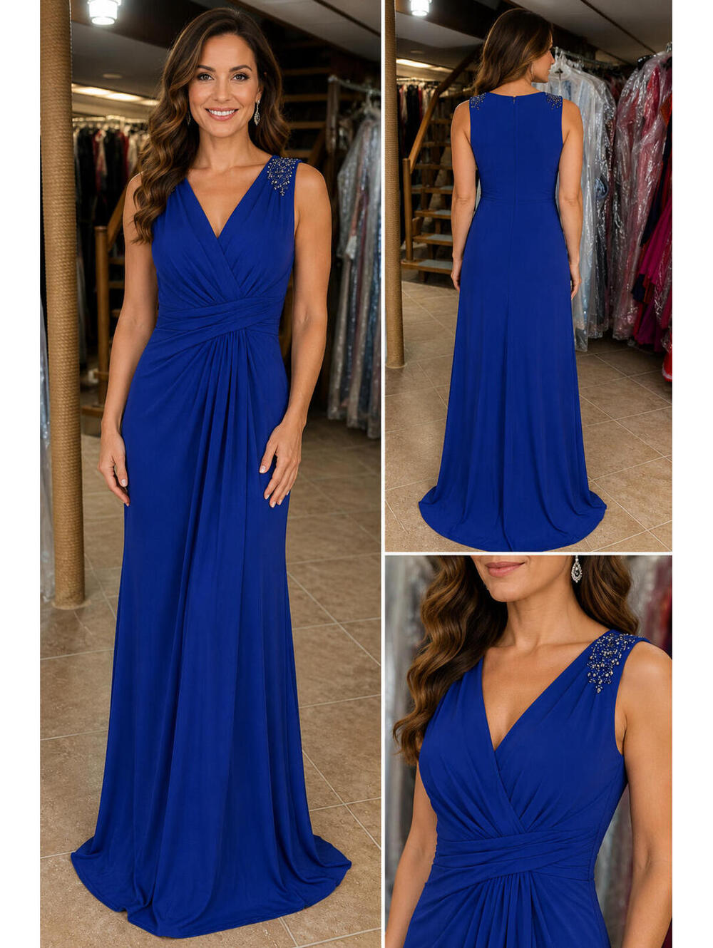 JS Boutique Royal Blue Beaded Evening Gown Size 6 Grecian Ruched Formal Maxi